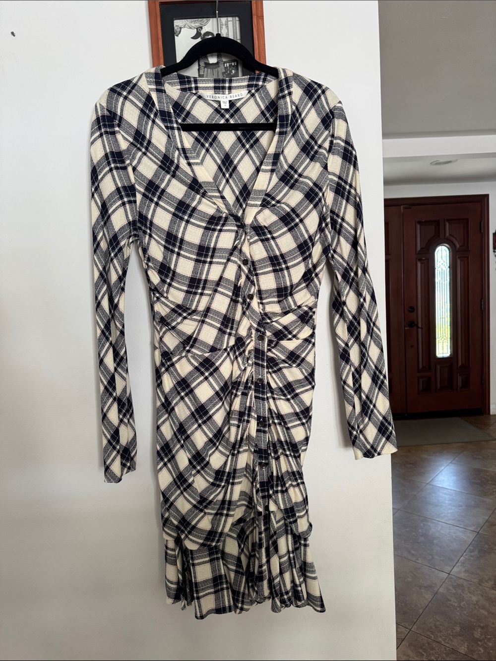 Veronica beard Plaid Ruched Long-Sleeve Dress in Cream and Navy size 12